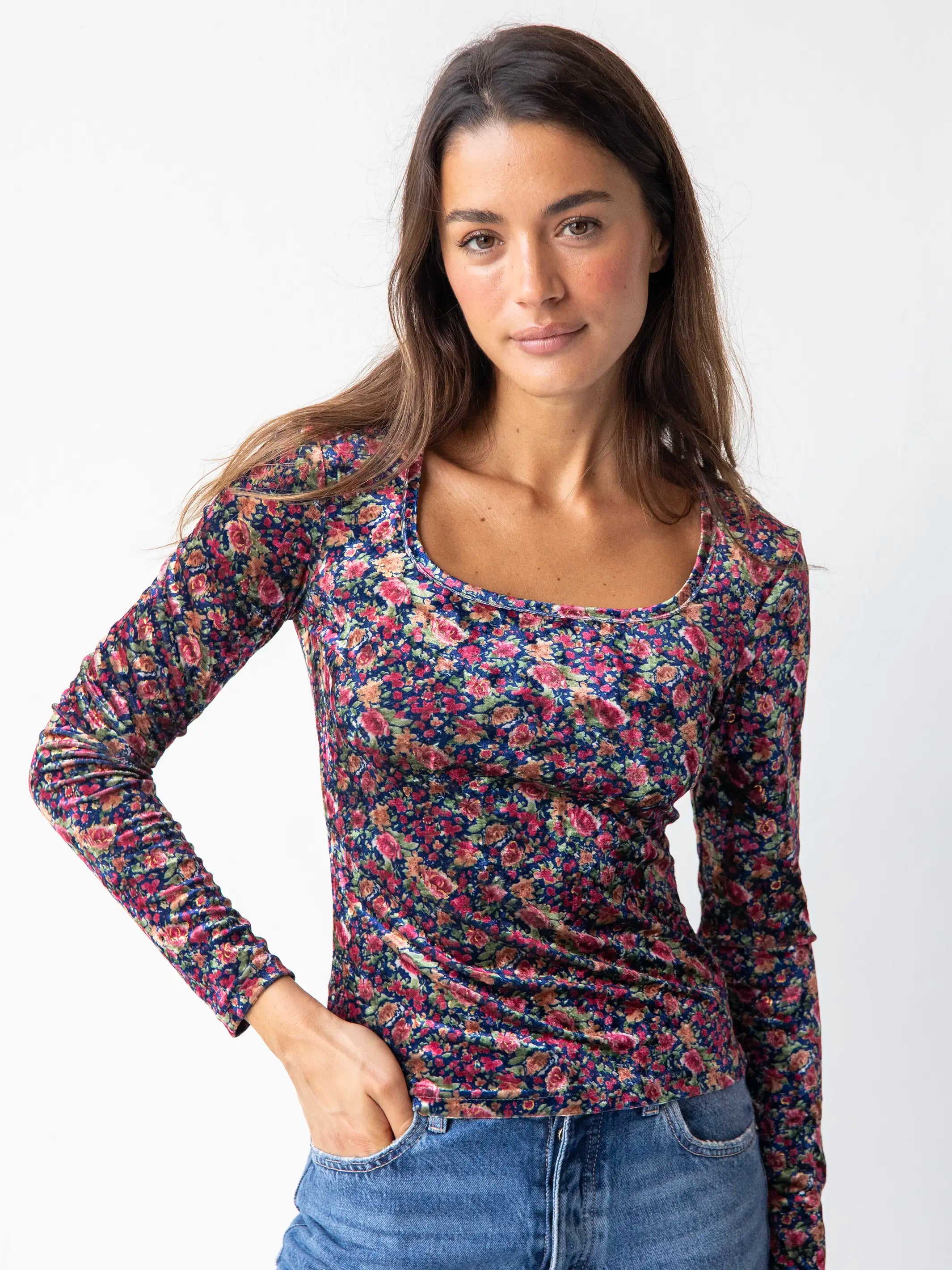 Comfy Women's Outfits for Daily Wear Danielle Square Neck Velvet Top - Navy Pink Roses