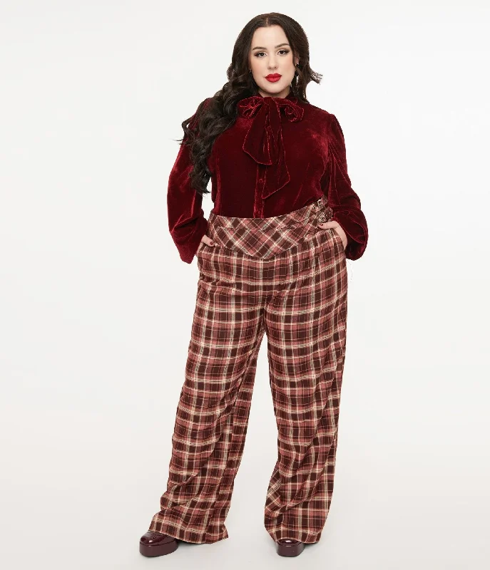 Trendy Attire For Her Unique Vintage Plus Size Burgundy Plaid Double Belt Woven Pants