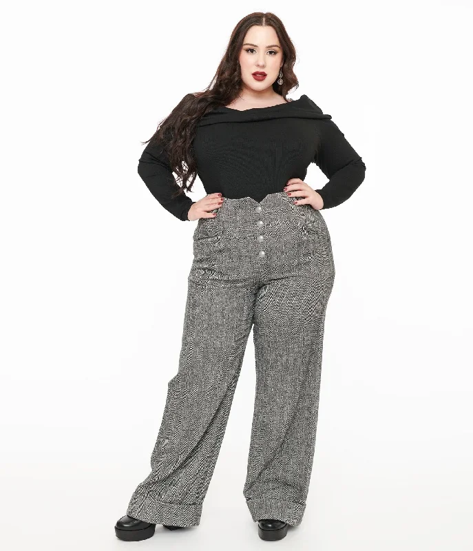 Weekend Exclusive Unique Vintage Plus Size 1940s Grey Herringbone Buttoned Wide Leg Trousers