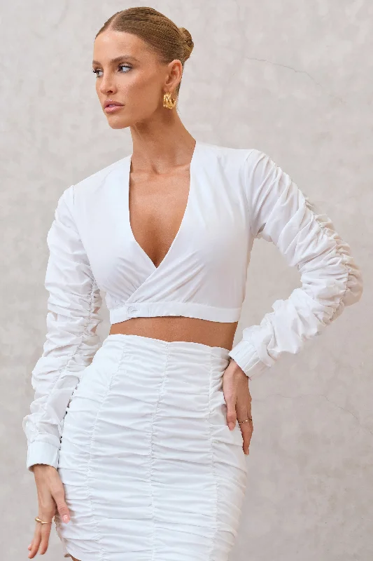 Durable Fashion Picks Sundown | White Ruched Sleeve Wrap Detail Cropped Shirt