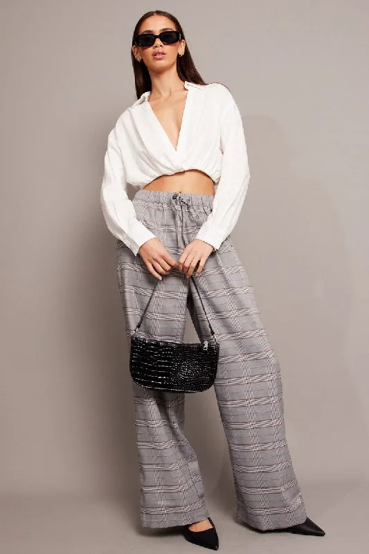 Hot Picks Grey Check Wide Leg Pants Elastic Waist