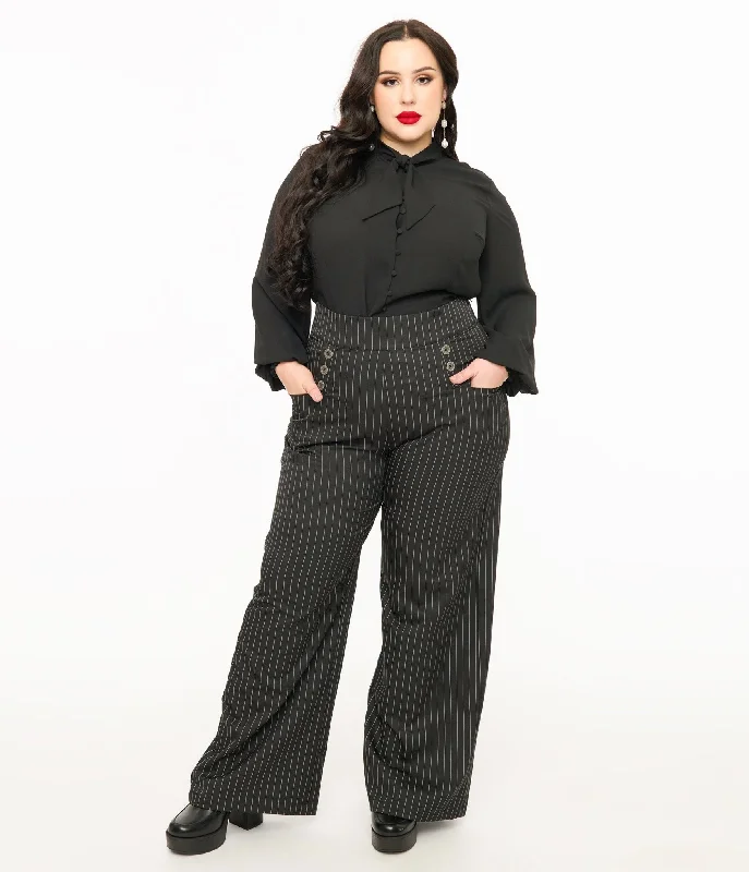 Valentine's Special Unique Vintage Plus Size 1940s Black & White Pin Stripe High Waist Sailor Ginger Pants