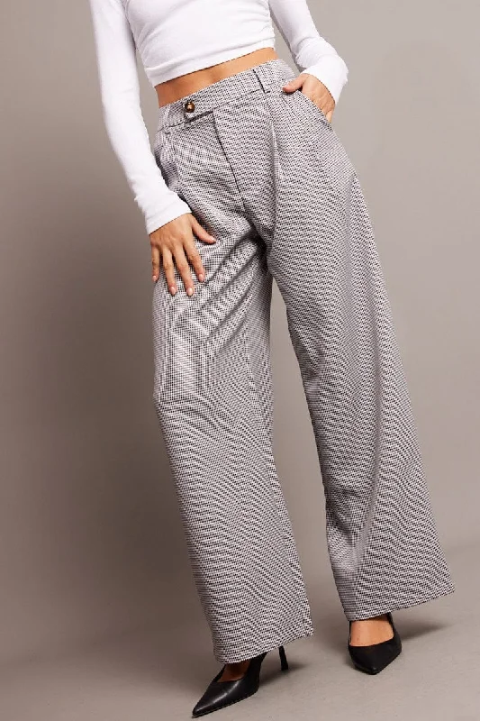 Casual Fashion Black Check Wide Leg Pants High Rise