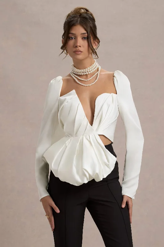 Woman Clothing Bensley | Ecru Satin Asymmetric Plunge-Neck Top With Ruffle