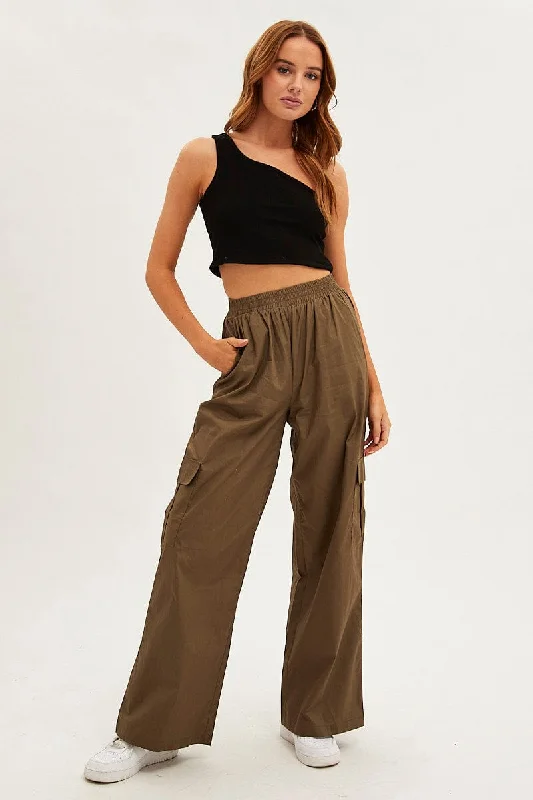 Casual Dresses for Women Green Wide Leg Cargo Pants High Rise