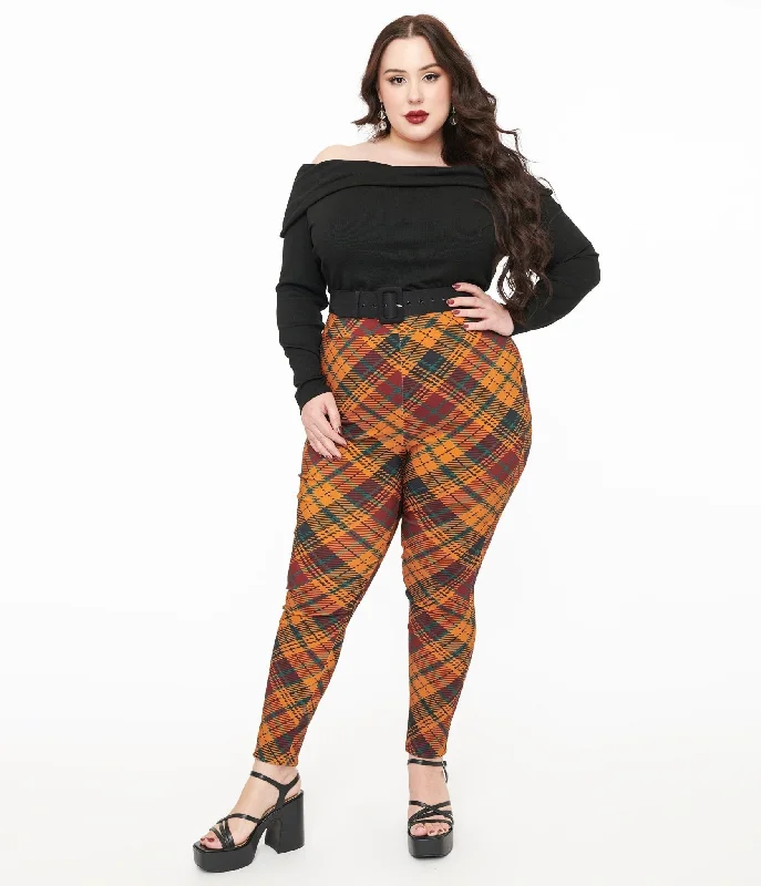 Trend Driven Wardrobe Unique Vintage Plus Size 1960s Mustard & Burgundy Plaid High Waist Cigarette Pants