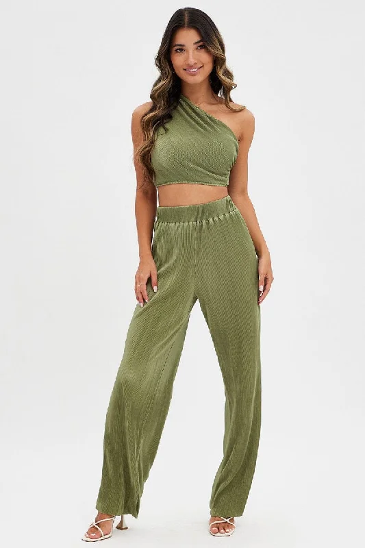 Vintage Women's Fashion Green Plisse Pants Wide Leg