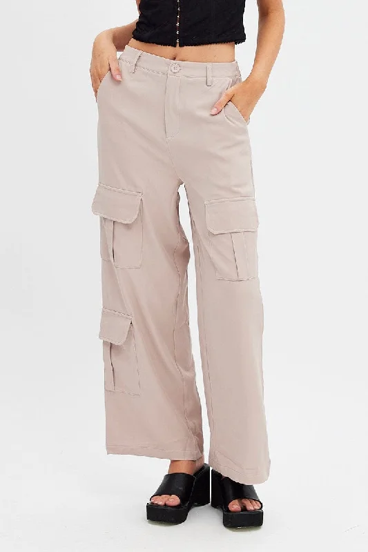 Dive Into Trendy Women's Fashion Beige Wide Leg Pants Cargo Pockets