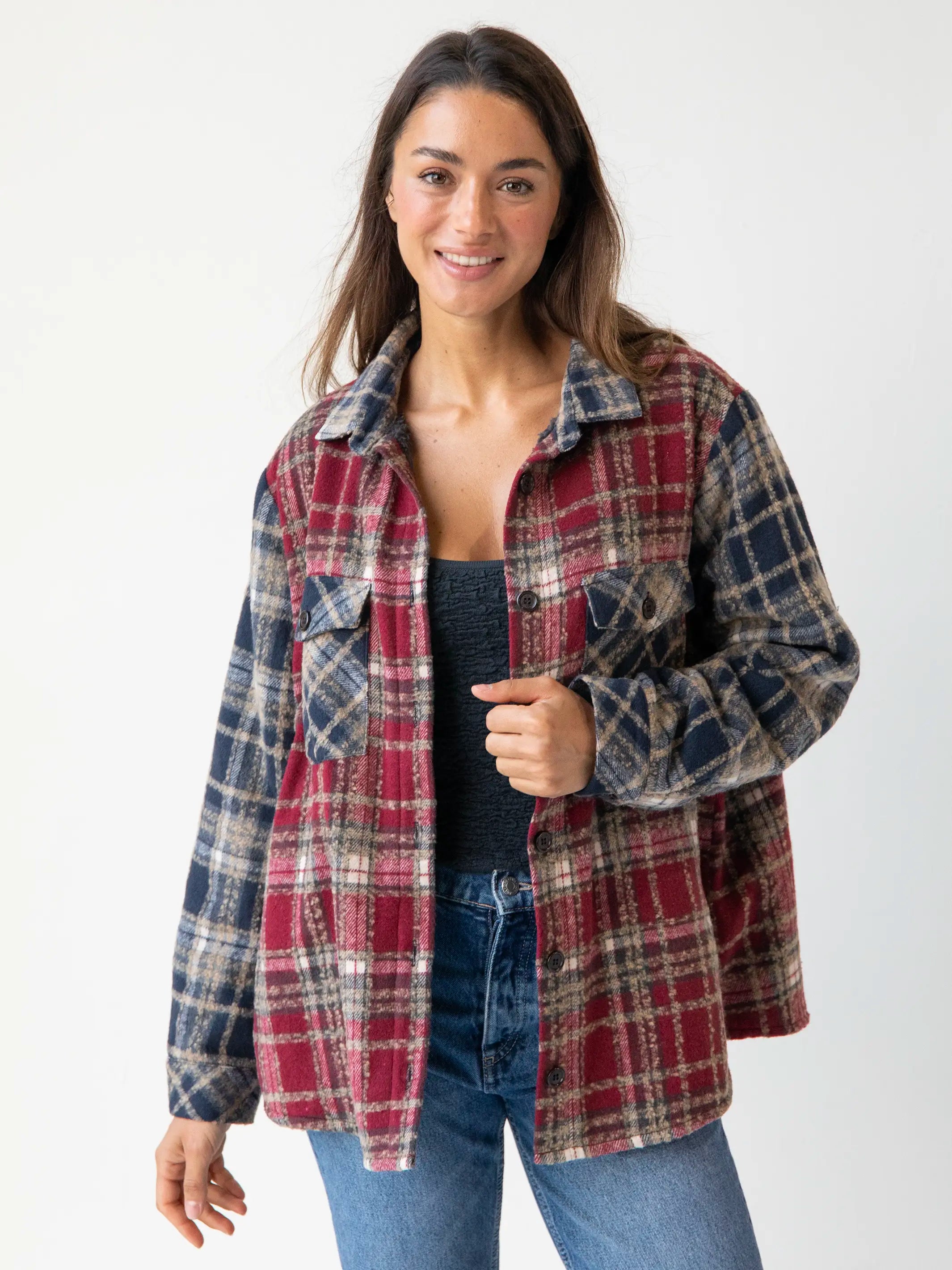 Unique Women's Fashion Pieces Warm & Cozy Shacket - Cranberry Navy Mixed Plaid