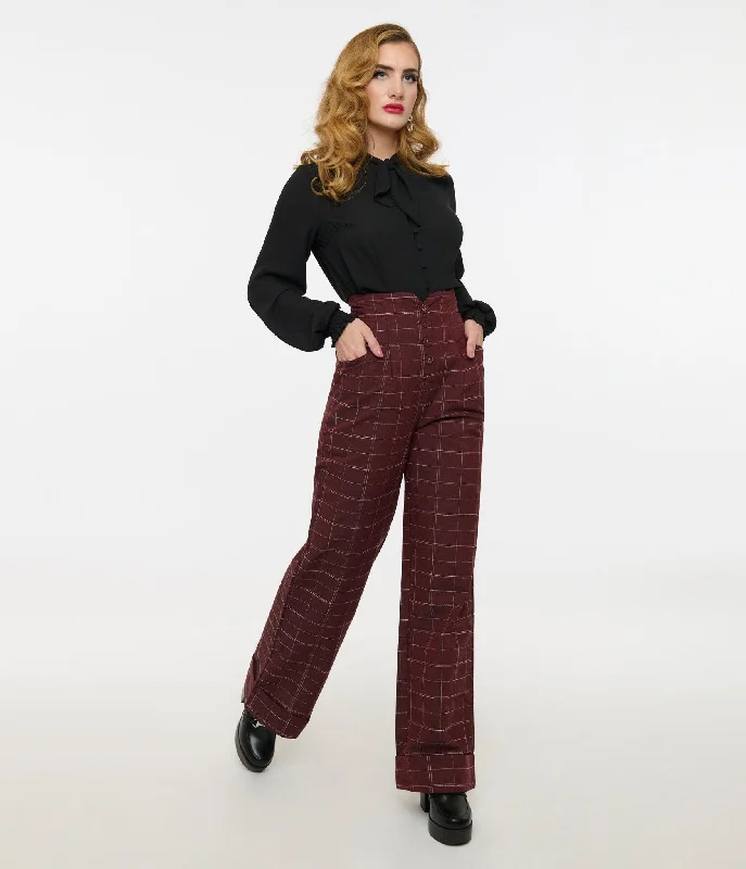 Special Offer Unique Vintage 1940s Burgundy Windowpane Buttoned Wide Leg Trousers