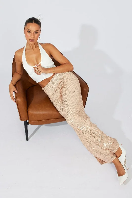 City Fashion Beige Wide Leg Pants High Rise Sequin