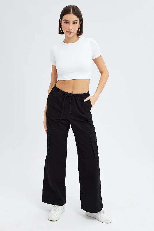 Women's Evening Wear Black Cargo Pants Wide Leg