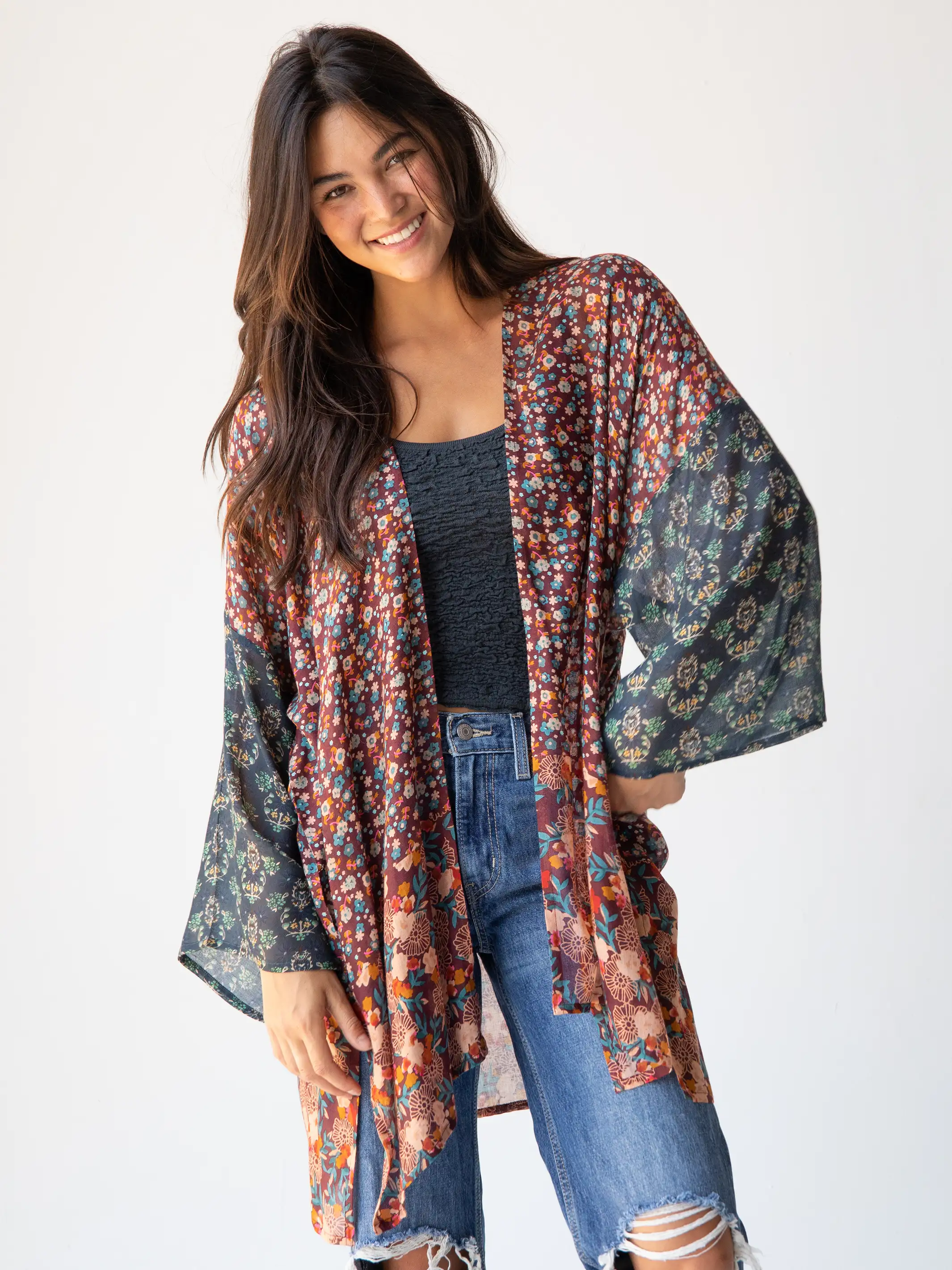 Buy More, Save More Sierra Mixed Print Kimono - Brown Teal Floral