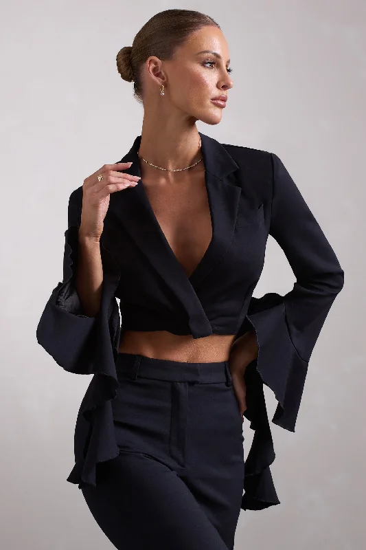 Limited Styles Sophie | Black Cotton-Blend Tailored Cropped Blazer With Ruffled Cuffs