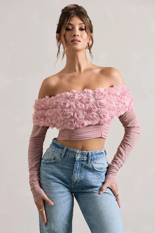 Online Boutiques Best Libbie | Pink Mesh Floral Bardot Top