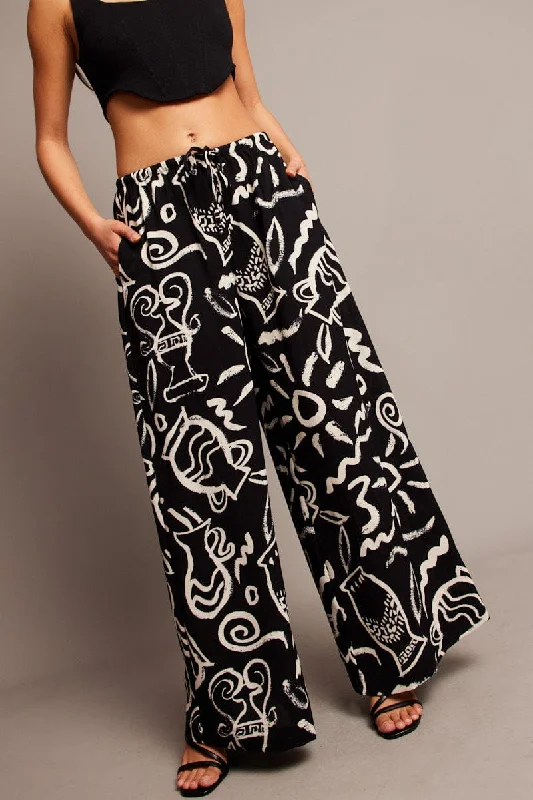 Trendsetting Threads Black Abstract Wide Leg Pants High Rise