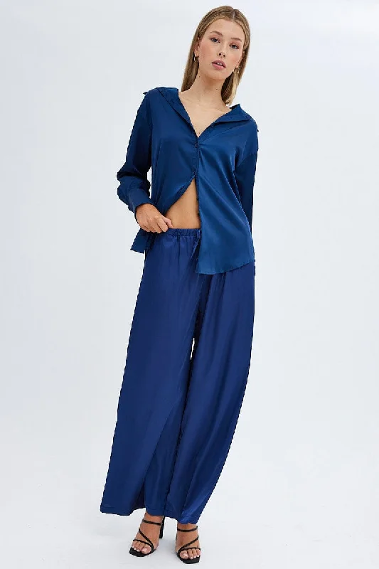 Clothes Sales Blue Wide Leg Pants High Rise