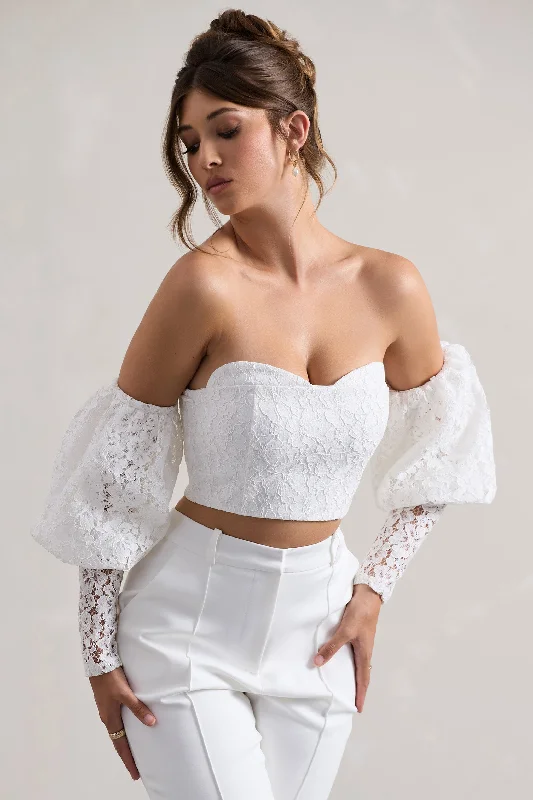 Laid-Back Elegance Marina | White Lace Bardot Puff-Sleeve Top