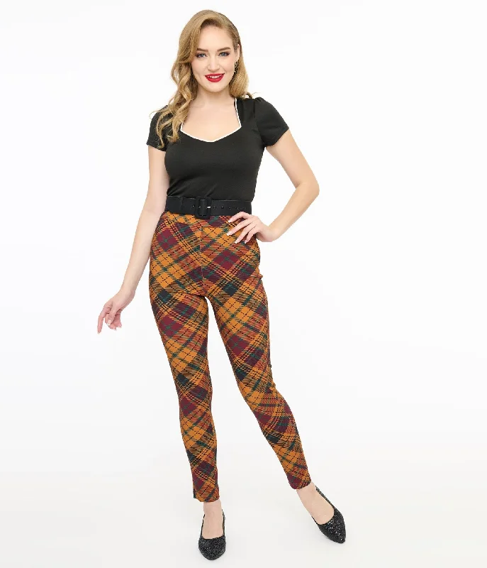 Chic Trend Collection Unique Vintage 1960s Mustard & Burgundy Plaid High Waist Cigarette Pants