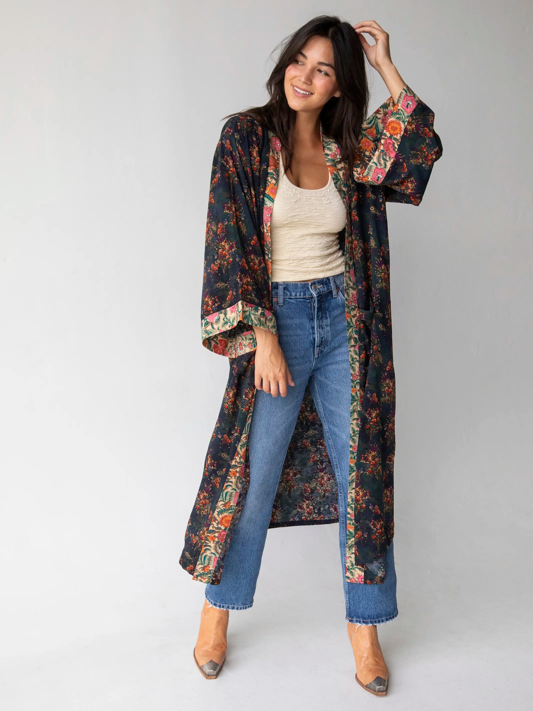 Women's Clothing for All Occasions Camila Kimono - Indigo Tan Mixed Floral