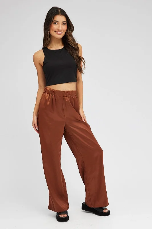 Forward Trendsetter Brown Wide Leg Pants High Rise Satin