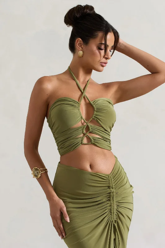 Clothing Woman Bora Bora | Olive Ruched Halter-Neck Cut-Out Top