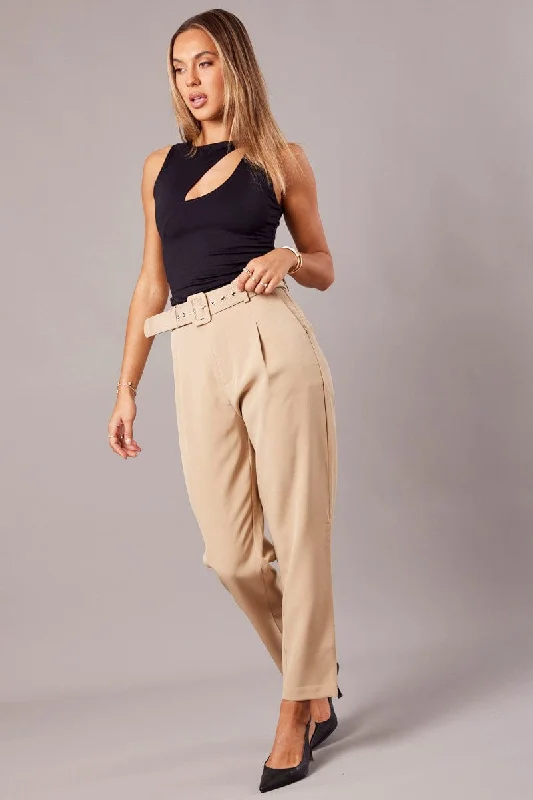 Shop Ladies Clothes Beige Tapered Pants High Rise Belted