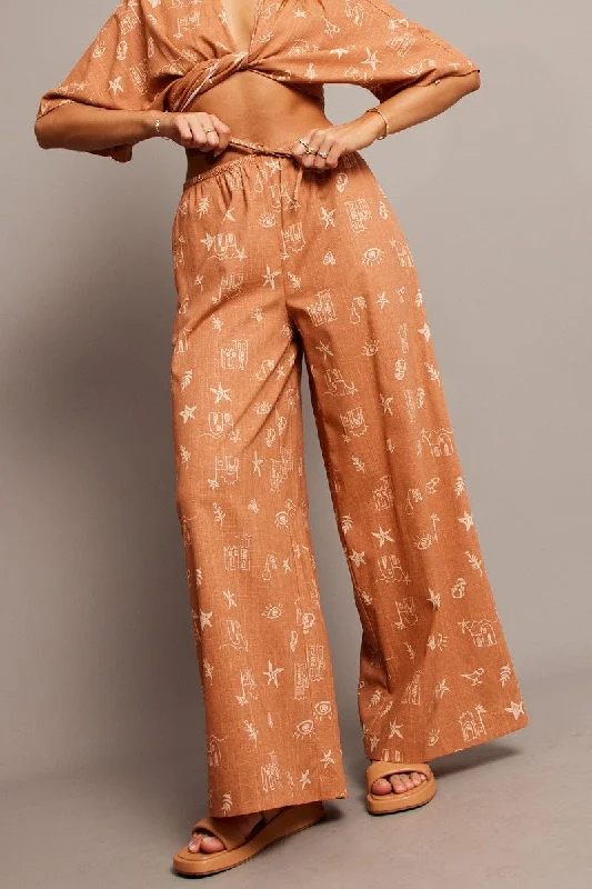 Innovate Your Wardrobe Brown Abstract Wide Leg Pants High Rise