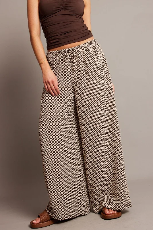 High End Women's Wear Brown Geo Wide Leg Pants High Rise