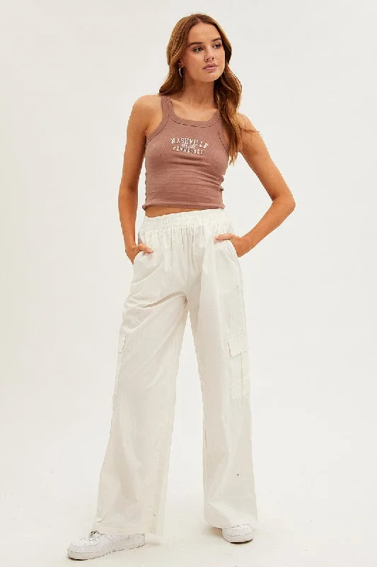 Exclusive Designer Collection White Wide Leg Cargo Pants High Rise