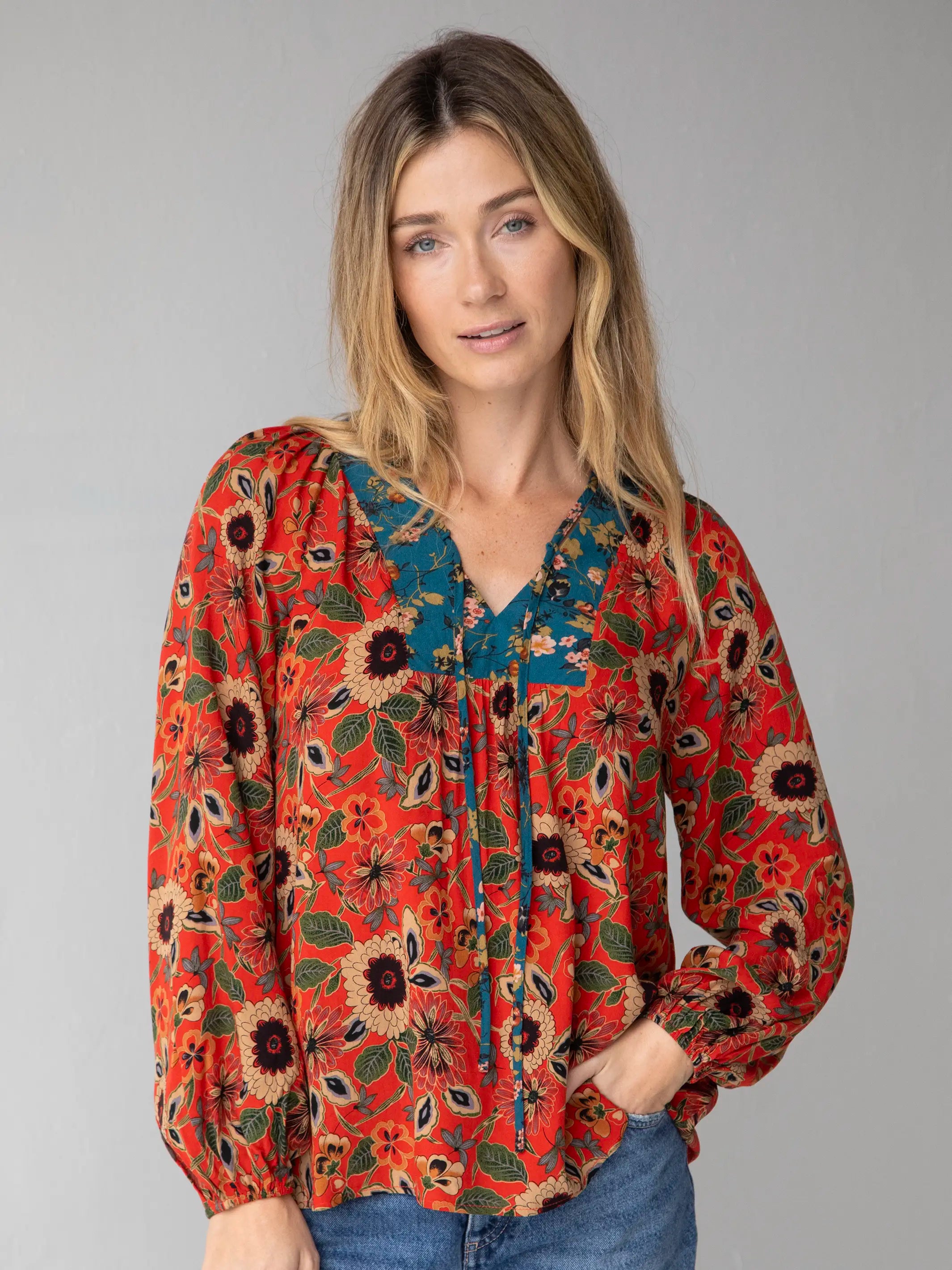 Trendsetting Threads Rowan Top - Teal Orange Mixed Floral