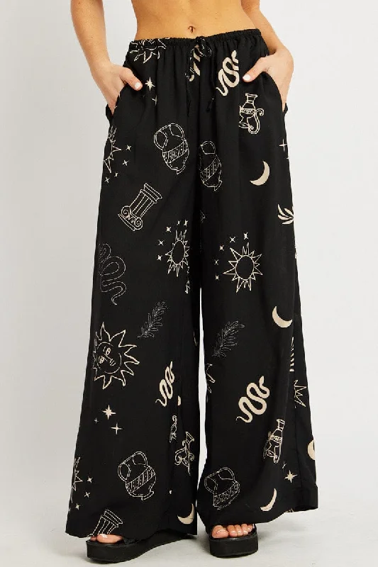 Relaxed Style Black Abstract Wide Leg Pants High Rise