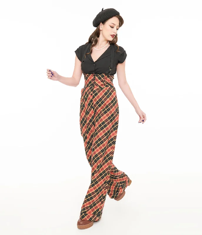 Step Ahead, Lead The Trend Unique Vintage 1930s Black & Rust Plaid Thelma Suspender Pants