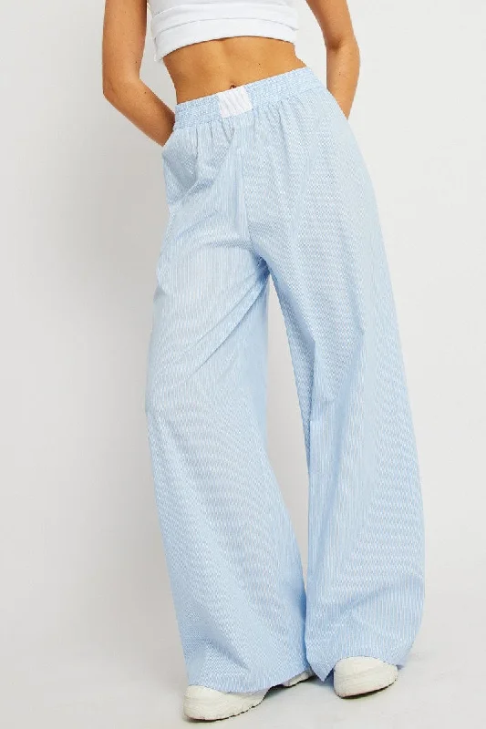 Laid-Back Elegance Blue Stripe Wide Leg Pants High Rise