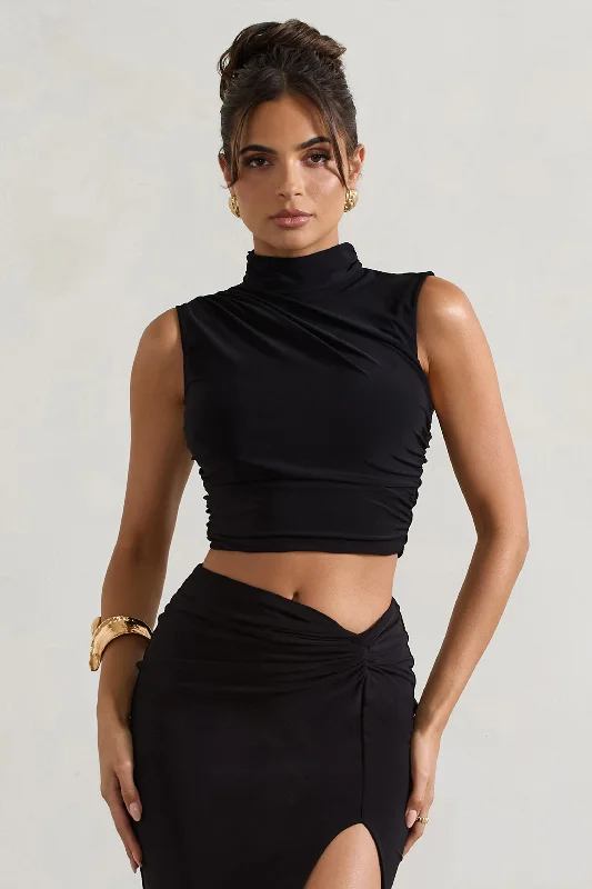 Online Shopping Boutiques Ischia | Black High-Neck Ruched Top