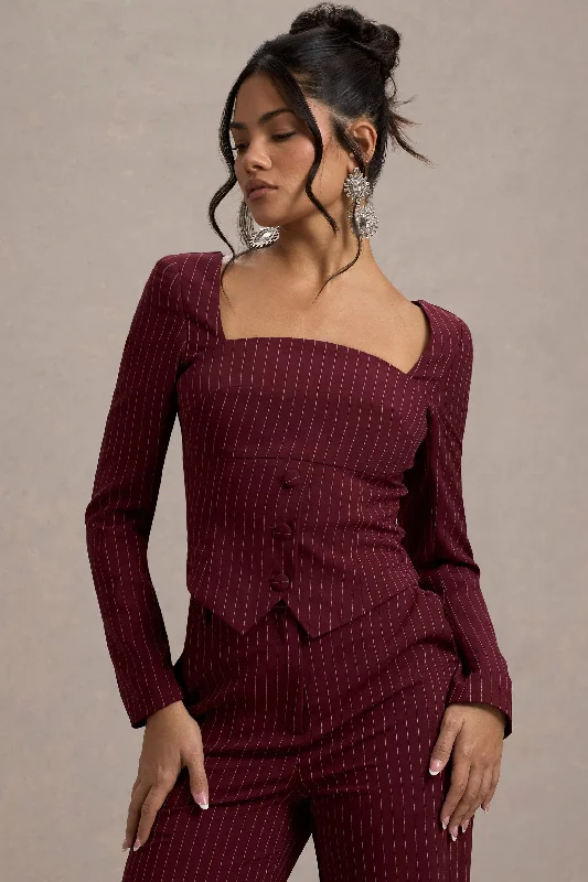 Cheap Women's Clothing Online Los Angeles | Wine Pinstripe Tailored Top