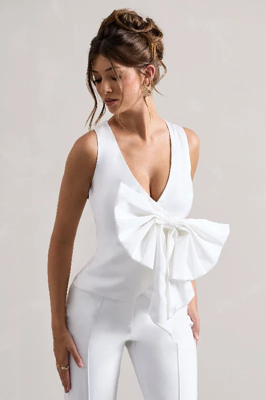 Affordable Online Boutique Adoration | Cream Satin Plunge-Neck Top With Bow