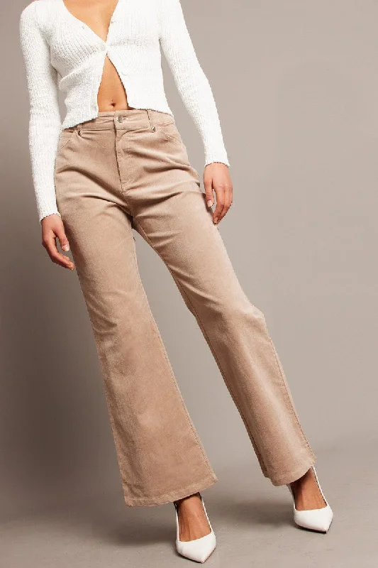 Sporty Streetwear Beige Wide Leg Pants High Rise Corduroy