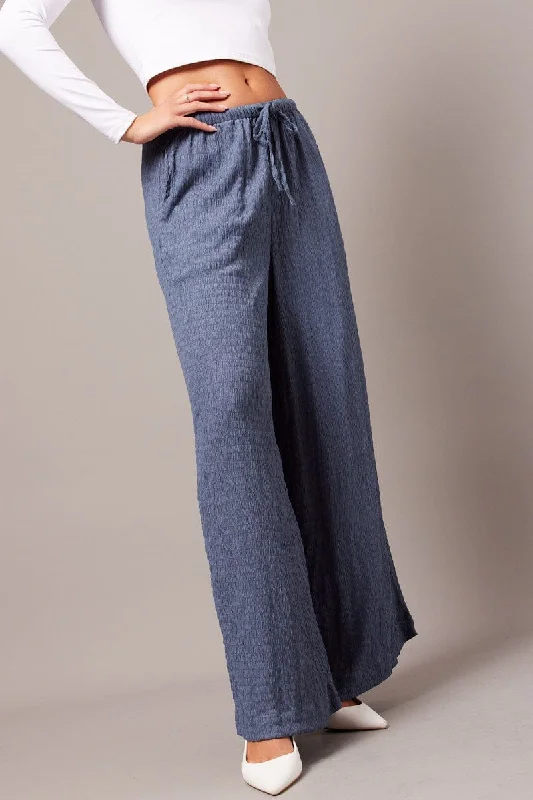 Chic And Comfortable Blue Wide Leg Pants High Rise Textured Fabric