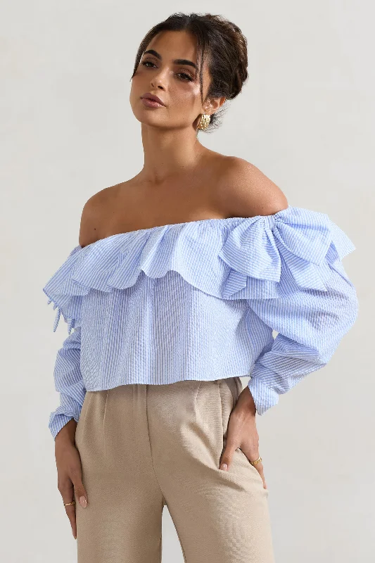 Exclusive Online Sale Harbour | Blue Pinstripe Bardot Puff-Sleeve Top With Bows