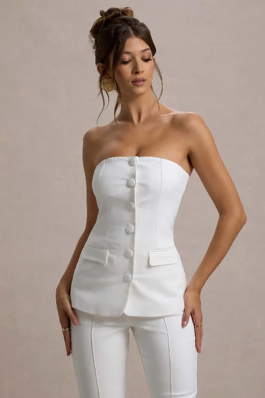 Valentine's Special Elliana | White Strapless Button Front Tailored Top