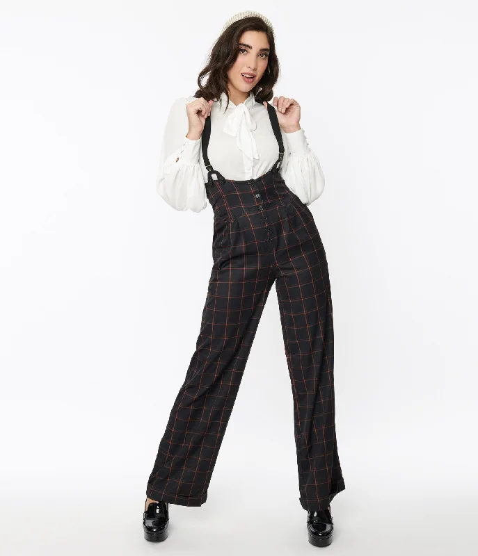 Don't Miss Out Unique Vintage Black & Orange Windowpane Thelma Suspender Pants