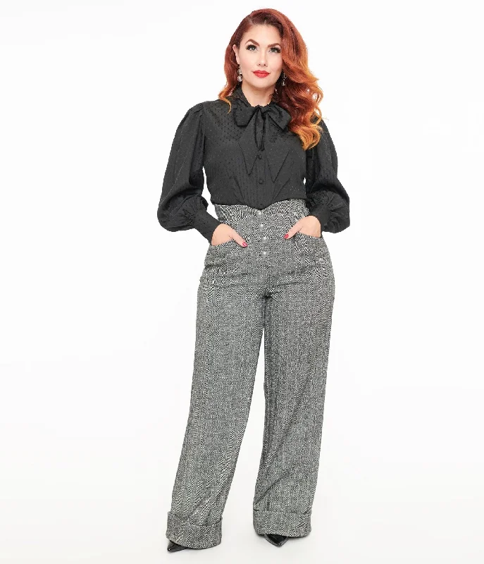 Durable Fashion Picks Unique Vintage 1940s Grey Herringbone Buttoned Wide Leg Trousers