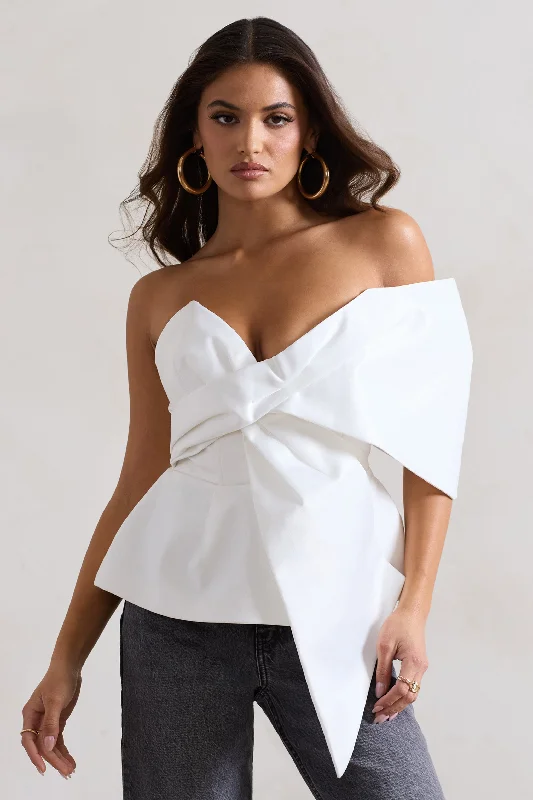 Free Spirited Fashion Mayfair | White Asymmetric Bardot Top With Peplum Hem