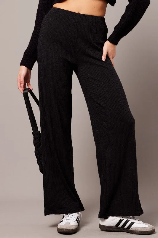 Women Wear Boutique Black Wide Leg Pants Rib Jersey