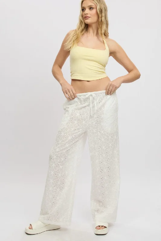 Urban Femme Streetwear White Wide Leg Pants High Rise Eyelet Fabric