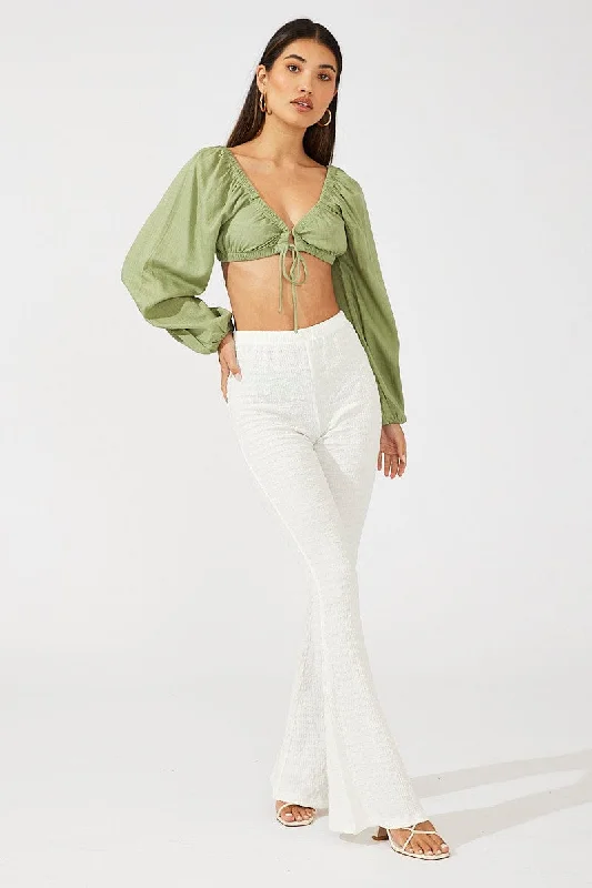 Weekend Sale White Flare Leg Pants Textured Jersey