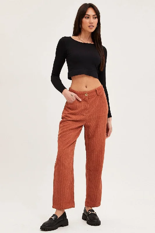 Effortless Everyday Wear Brown Wide Leg Pants Mid Rise Corduroy