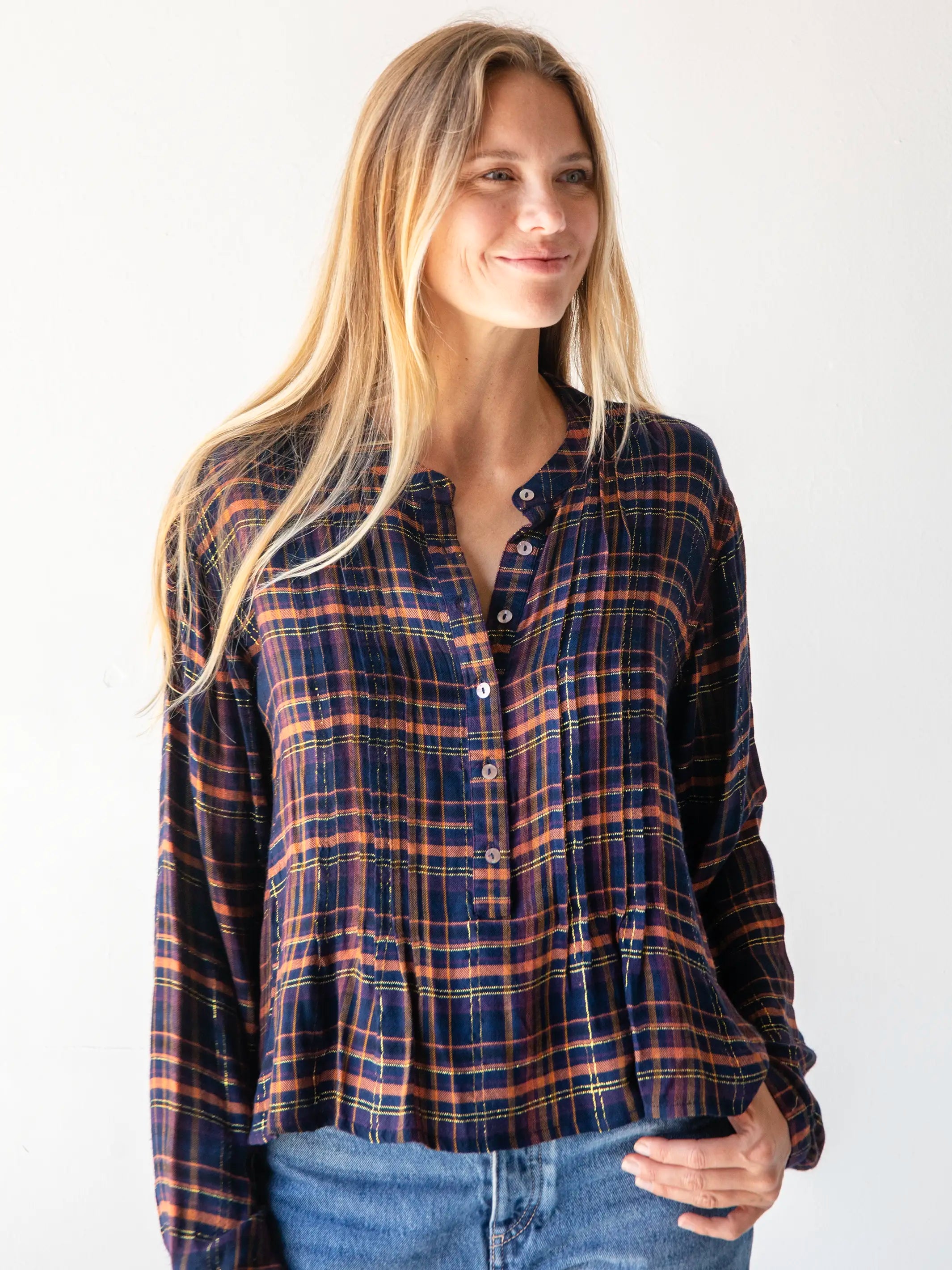 Innovate Your Wardrobe Montana Top - Navy Orange Plaid