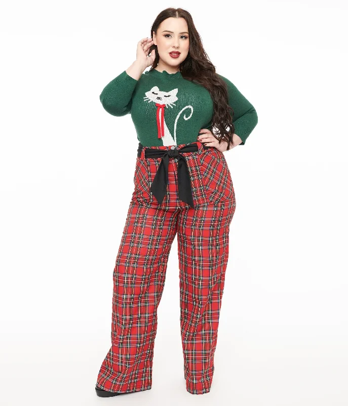 Catch Every Fashion Trend Unique Vintage Plus Size 1950s Red Plaid Wide Leg Trousers